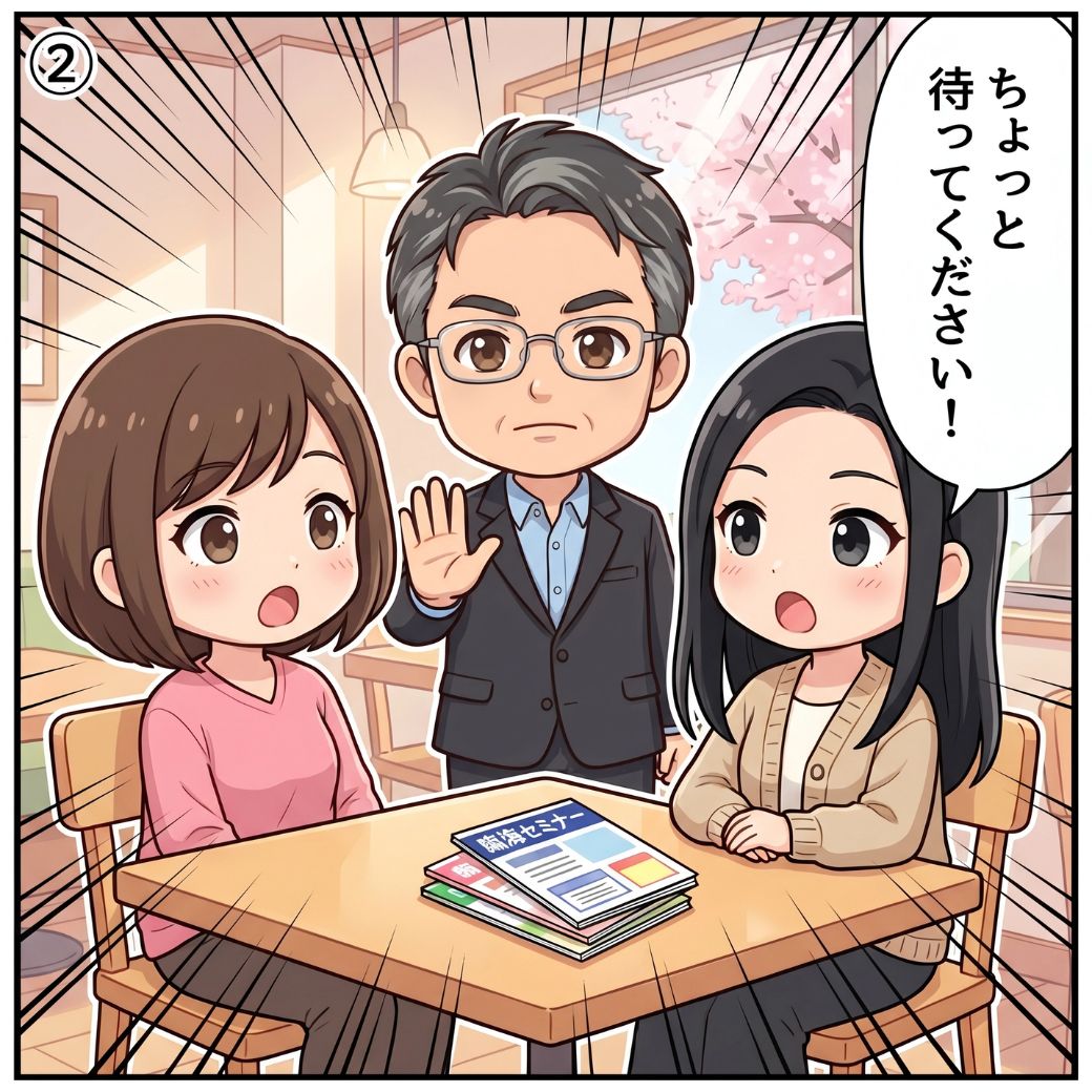 元教室長が「光陵高校 合格に強い塾選びの失敗パターンです」と保護者に注意を促す2コマ目。光陵志望者が陥りがちな落とし穴を指摘するシーン