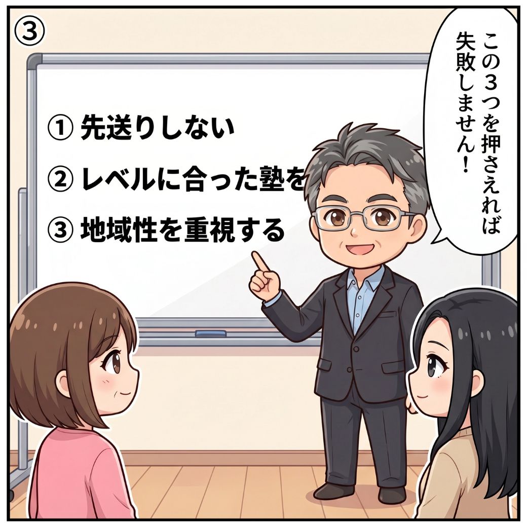 元教室長がホワイトボードを使って光陵高校 偏差値66対策の3つのポイント「先送りしない・レベルに合った塾を・地域性を重視する」を解説する3コマ目。光陵高校におすすめの塾選びの要点