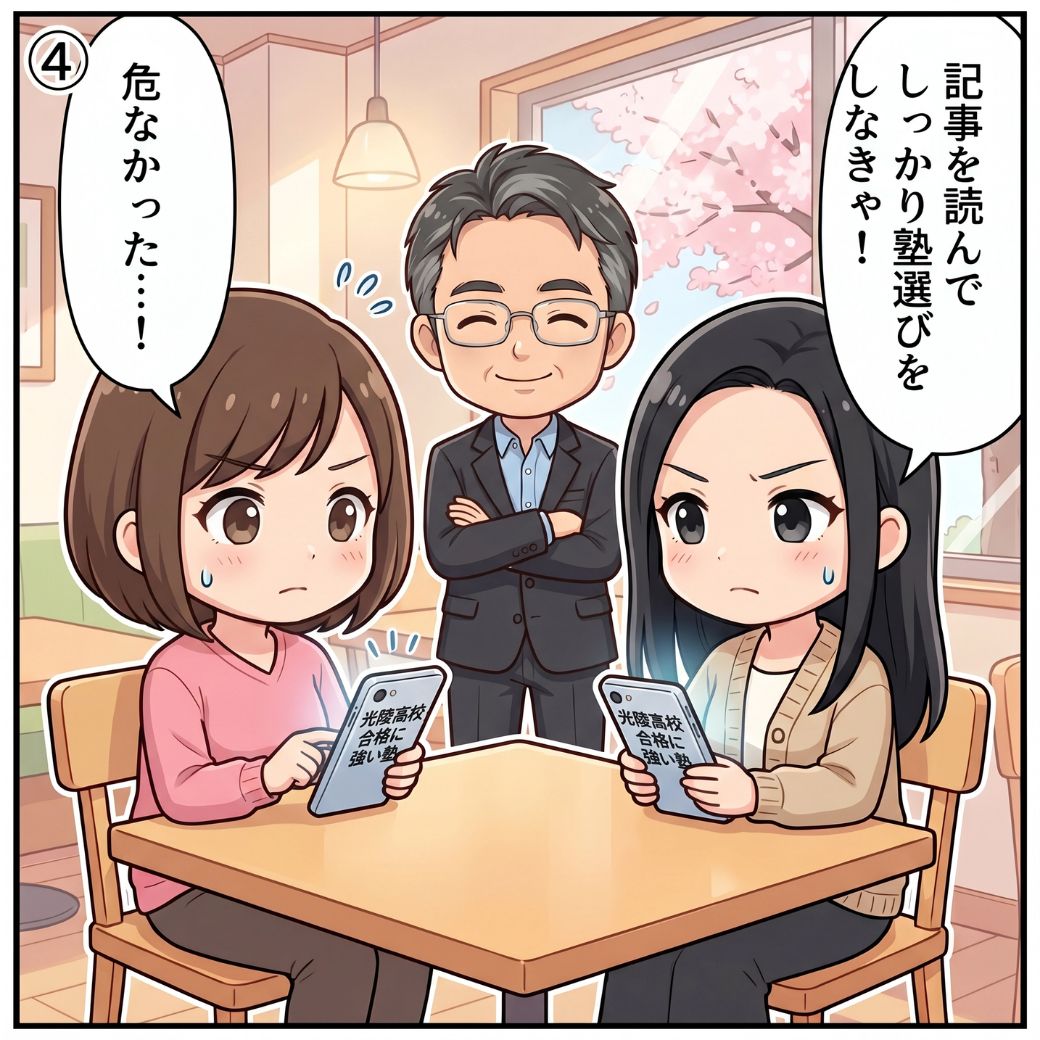 保護者2人が「危なかった…！しっかり塾選びをしなきゃ！」と真剣にスマホで記事を読み始める4コマ目。光陵高校に合格できる塾の選び方を学ぶシーン