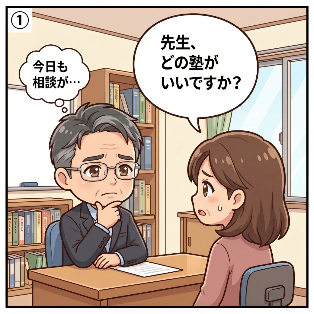 高校受験塾選びアドバイザー・藤原誠一が教室長室で保護者から「どの塾がいいですか？」と相談を受けている場面。18年間の現場経験を持つ藤原先生が、日々寄せられる塾選びの悩みに向き合ってきた原点を描いた4コマ漫画の第1コマ目。