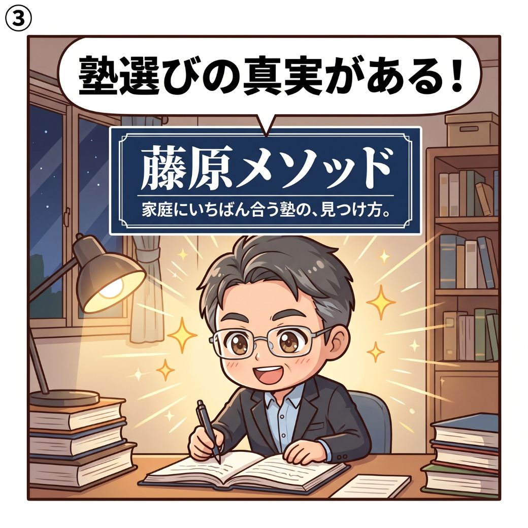 藤原誠一が「現場でしかわからない塾選びの真実がある！」と気づき、藤原メソッドを体系化するひらめきの瞬間を描いた場面。「家庭にいちばん合う塾の、見つけ方。」というコンセプトが生まれた4コマ漫画の第3コマ目。