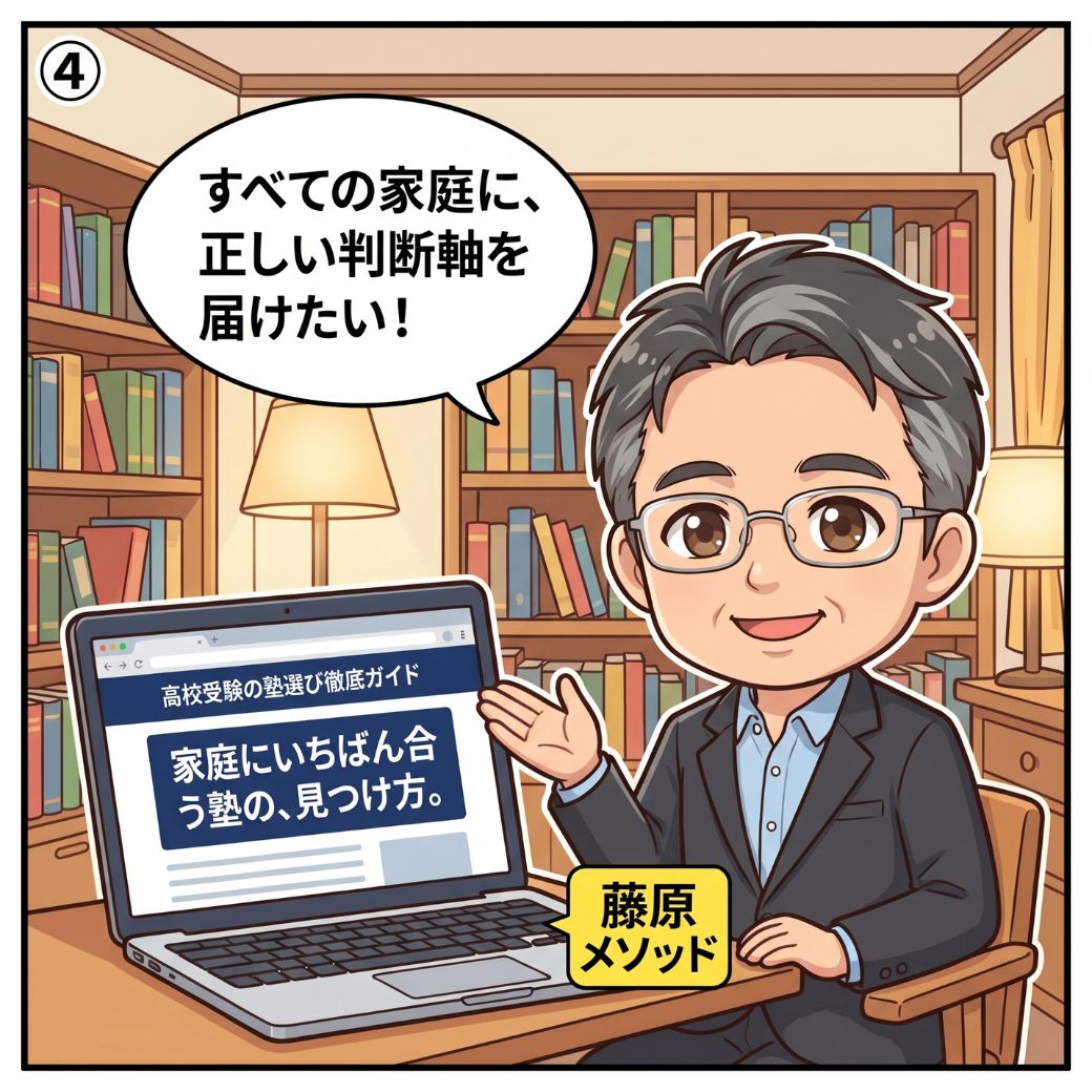 藤原誠一がパソコンの前で「すべての家庭に、正しい判断軸を届けたい！」と語りかける場面。高校受験の塾選び徹底ガイドを立ち上げ、藤原メソッドを広く発信していく決意を描いた4コマ漫画の第4コマ目。