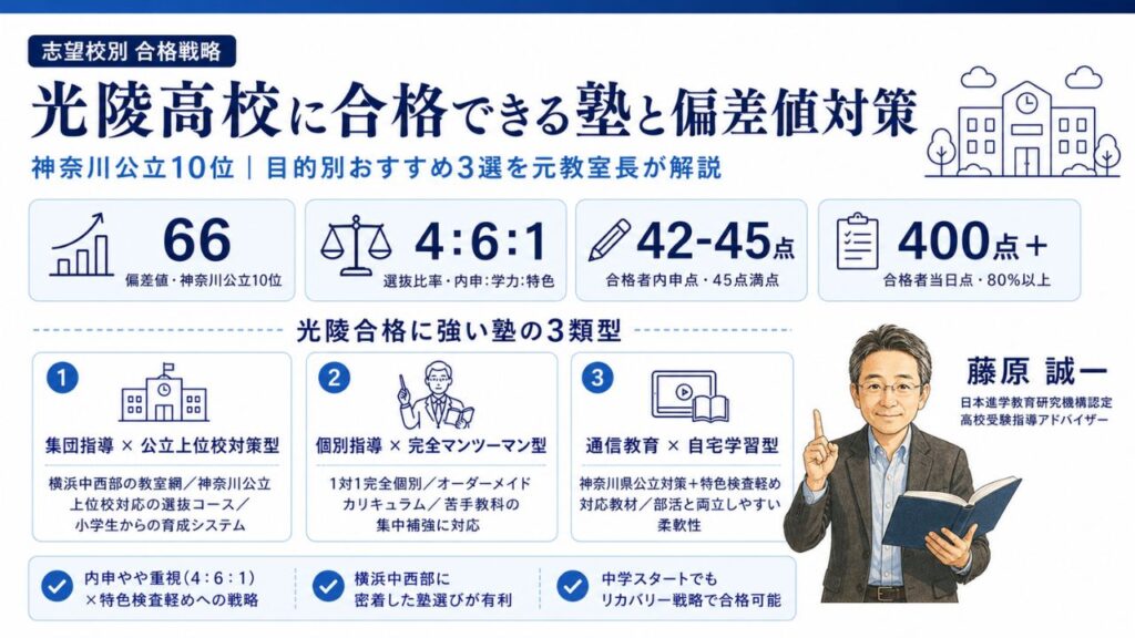 光陵高校（偏差値66・選抜比率4:6:1）に合格できる塾の比較インフォグラフィック｜おすすめ塾3選と偏差値対策を元教室長・藤原 誠一が解説