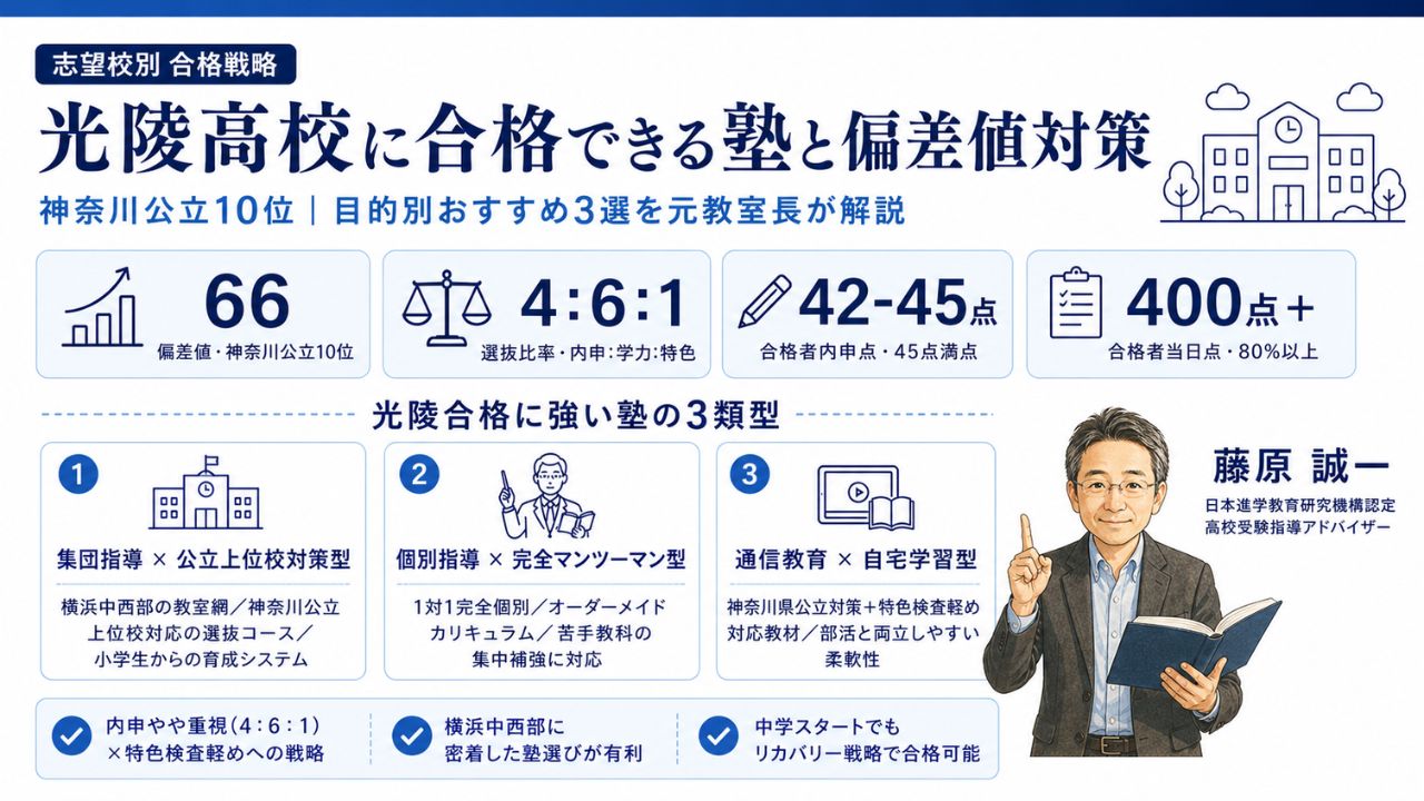 光陵高校（偏差値66・選抜比率4:6:1）に合格できる塾の比較インフォグラフィック｜おすすめ塾3選と偏差値対策を元教室長・藤原 誠一が解説