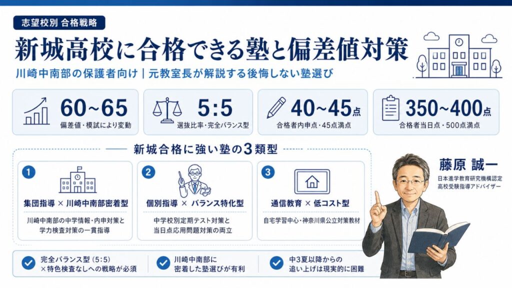 新城高校（偏差値60〜65・選抜比率5:5）に合格できる塾の比較インフォグラフィック｜おすすめ塾3選と偏差値対策を元教室長・藤原 誠一が解説