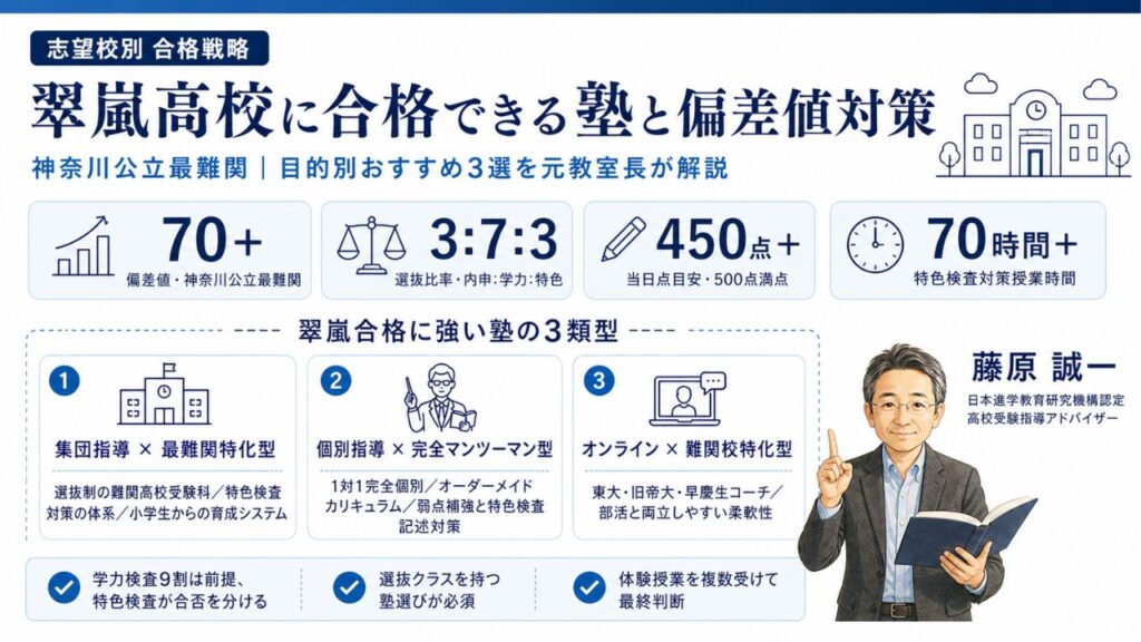 翠嵐高校（偏差値70・選抜比率3:7:3）に合格できる塾の比較インフォグラフィック｜おすすめ塾3選と偏差値対策を元教室長・藤原 誠一が解説