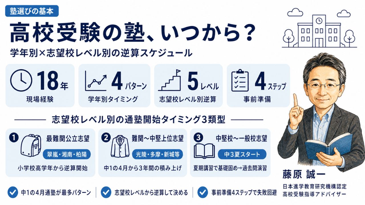 高校受験の塾はいつから？学年別の通塾開始タイミングと志望校レベル別の逆算スケジュールを元教室長・藤原 誠一が解説するインフォグラフィック