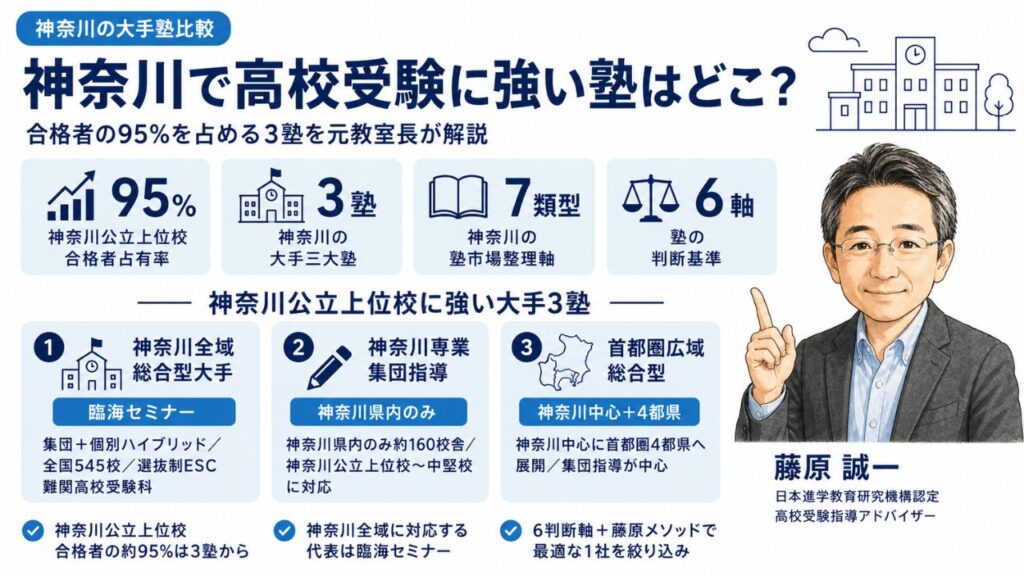 神奈川で高校受験に強い塾は？合格者の約95%を占める大手3塾の比較インフォグラフィック｜6判断軸と藤原メソッドを元教室長・藤原 誠一が解説