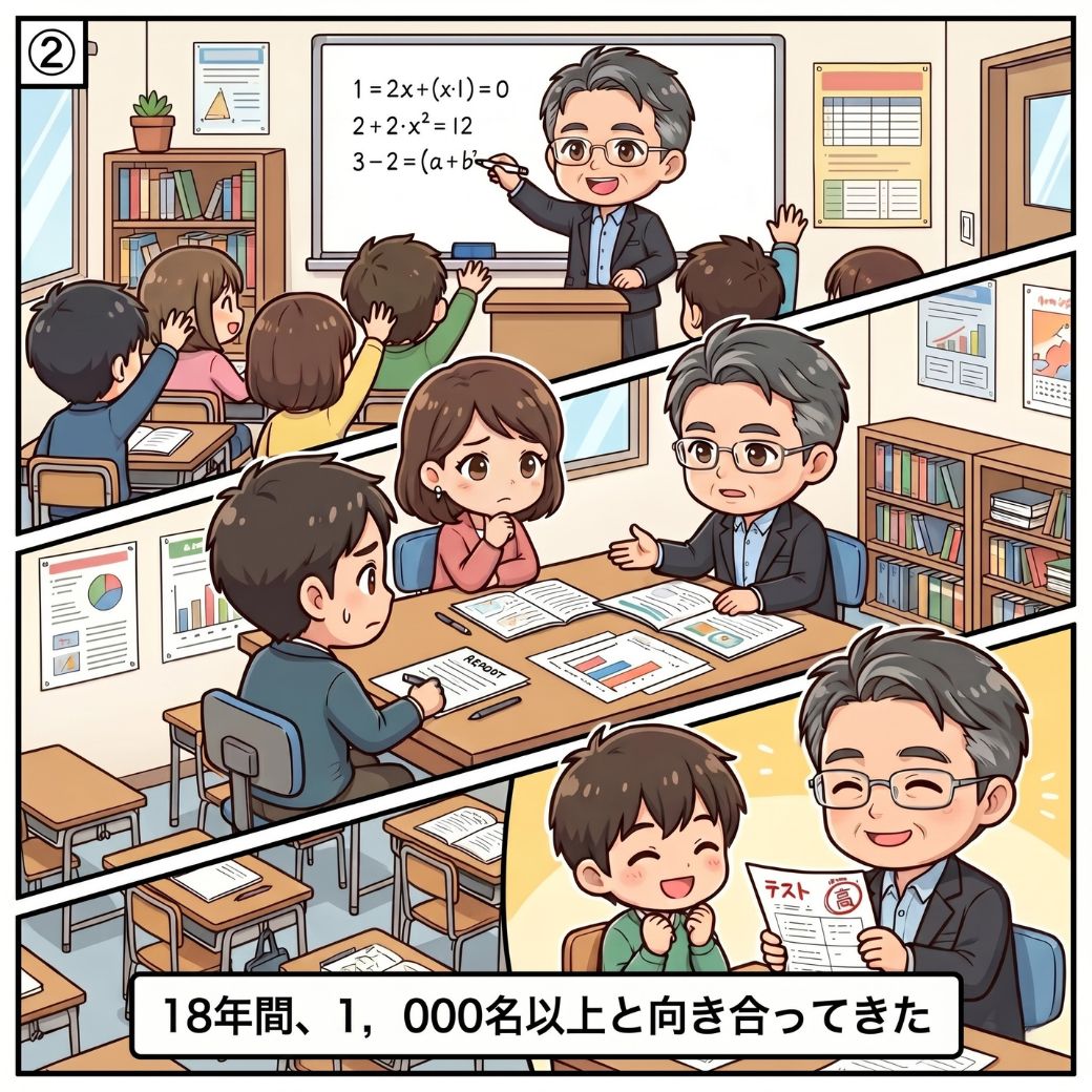 藤原誠一が18年間・1,000名以上の高校受験生を指導してきた実績を描いた場面。授業・保護者面談・進路相談の3シーンで構成され、現場で積み上げてきた豊富な指導経験を表現した4コマ漫画の第2コマ目。