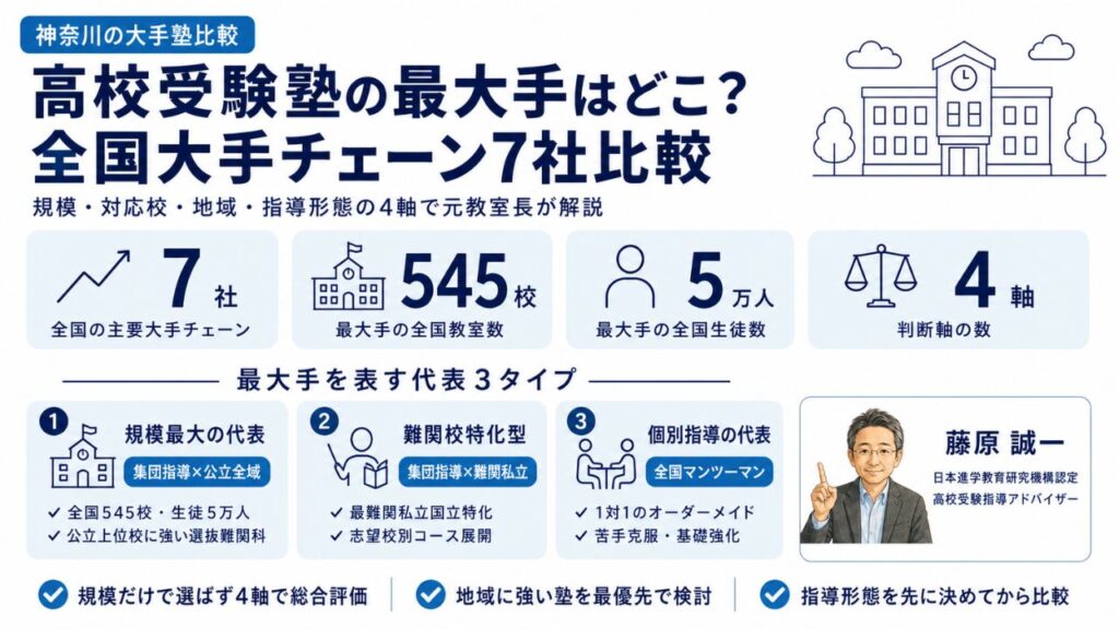 高校受験塾の最大手はどこ？全国大手チェーン7社の比較インフォグラフィック｜規模・対応校・地域・指導形態の4軸を元教室長・藤原 誠一が解説