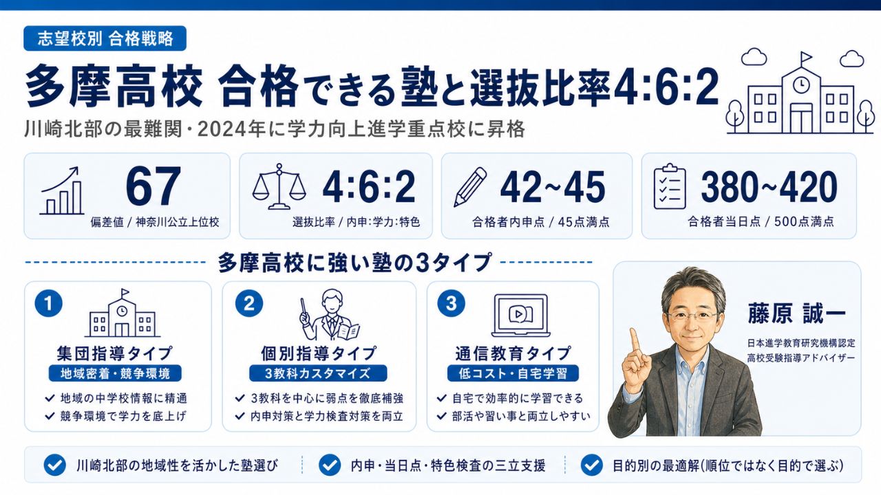 多摩高校（偏差値67・選抜比率4:6:2）に合格できる塾の比較インフォグラフィック｜おすすめ塾3選と偏差値対策を元教室長・藤原 誠一が解説