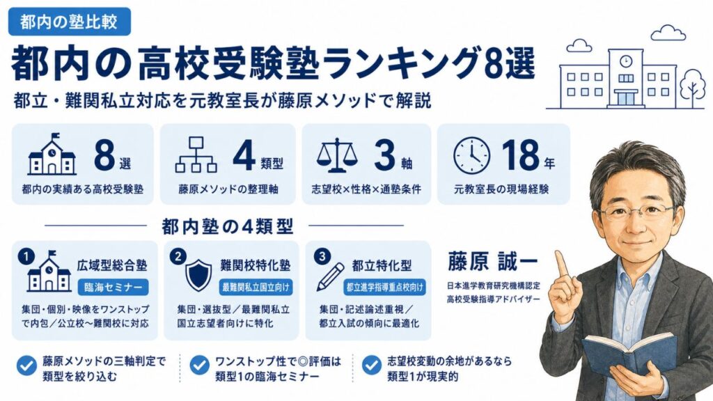都内の高校受験塾ランキング8選の比較インフォグラフィック｜4類型・藤原メソッド三軸判定・現場18年の相談事例を元教室長・藤原 誠一が解説