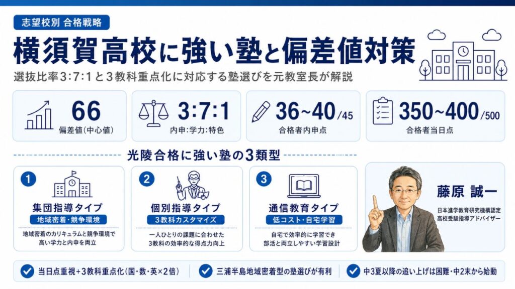 横須賀高校(偏差値66・選抜比率3:7:1）に合格できる塾の比較インフォグラフィック｜おすすめ塾3選と偏差値対策を元教室長・藤原 誠一が解説