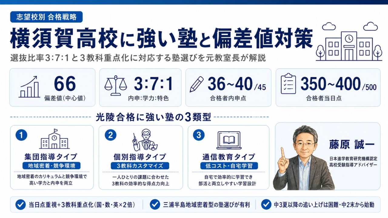 横須賀高校(偏差値66・選抜比率3:7:1）に合格できる塾の比較インフォグラフィック｜おすすめ塾3選と偏差値対策を元教室長・藤原 誠一が解説