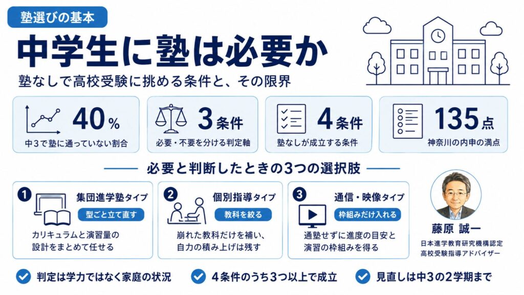 中学生に塾は必要かを解説するインフォグラフィック。元教室長・藤原誠一が、塾に通わない中学3年生4割の数字と、塾なしが成立する4条件、内申135点の構造を整理