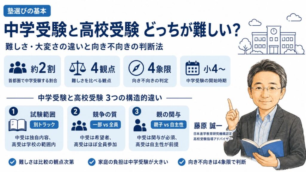 中学受験と高校受験はどっちが難しいかを比較するインフォグラフィック｜大変さの違いと向き不向きを4象限で判断する方法を元教室長・藤原 誠一が解説