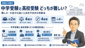 中学受験と高校受験はどっちが難しいかを比較するインフォグラフィック｜大変さの違いと向き不向きを4象限で判断する方法を元教室長・藤原 誠一が解説