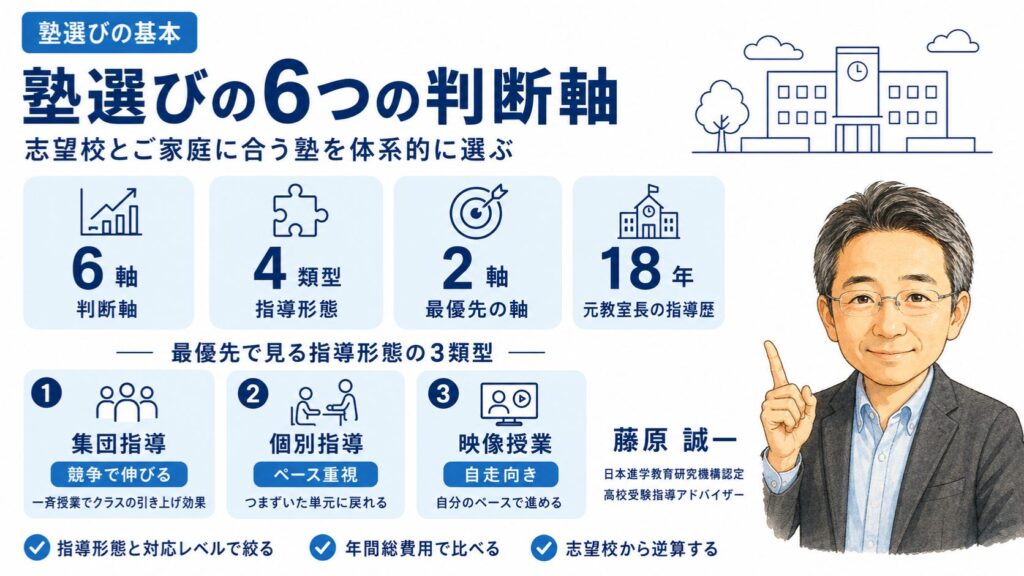 塾選びで失敗しない6つの判断軸を整理した解説のインフォグラフィック｜指導形態・対応レベル・費用など6軸の見方を元教室長・藤原 誠一が解説