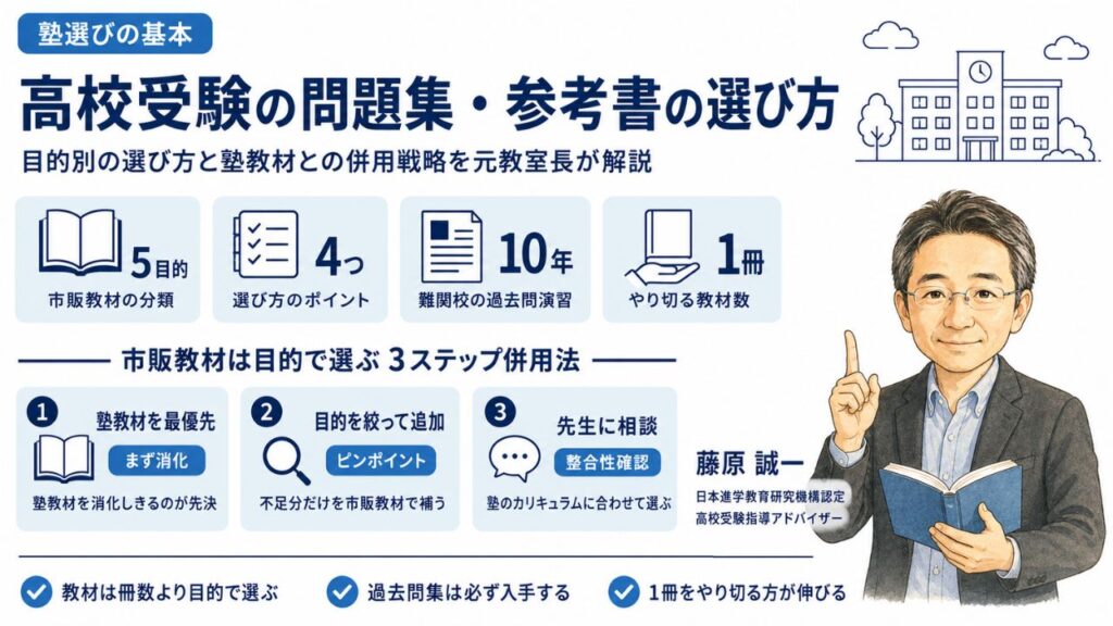 高校受験の問題集・参考書の選び方を解説するインフォグラフィック｜目的別の選び方と塾教材との併用戦略を元教室長・藤原 誠一が解説