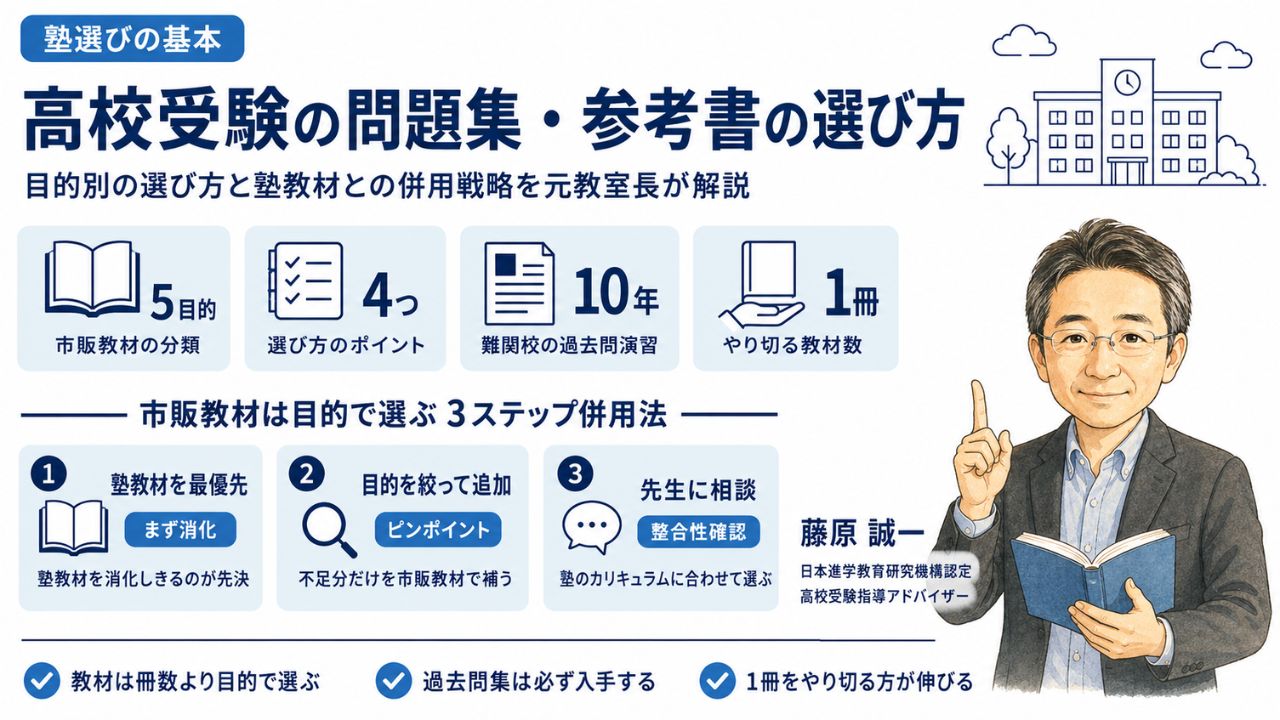 高校受験の問題集・参考書の選び方を解説するインフォグラフィック｜目的別の選び方と塾教材との併用戦略を元教室長・藤原 誠一が解説