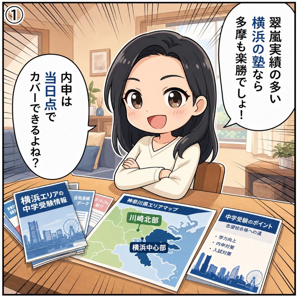 多摩高校 塾 でよくある誤解。川崎北部の保護者が「翠嵐実績の多い横浜の塾なら多摩も楽勝でしょ!」「内申は当日点でカバーできるよね?」と自宅リビングで油断する場面。テーブルには横浜エリアの塾資料と神奈川県エリアマップが広がる(1コマ目)