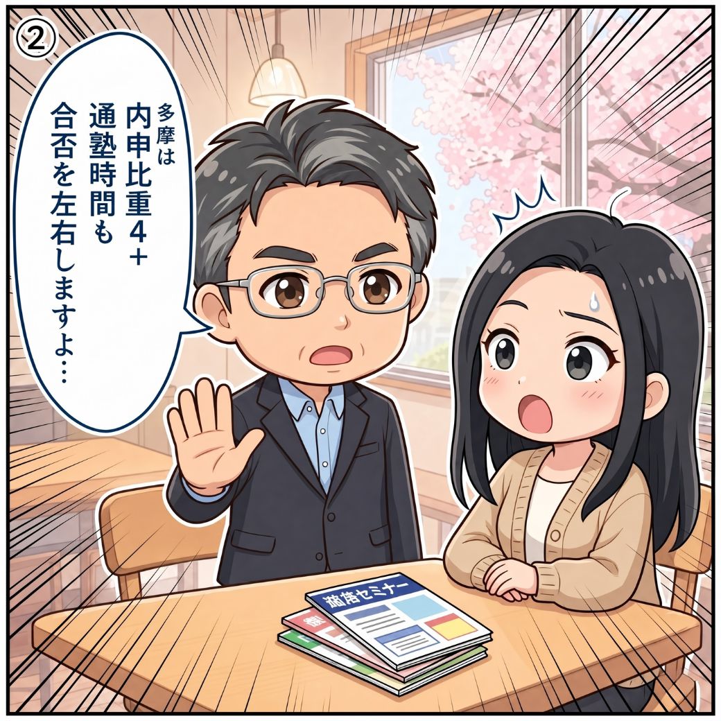 多摩高校 塾 選びの失敗を回避する警告。元教室長の藤原 誠一が「多摩は内申比重4+通塾時間も合否を左右しますよ…」と相談室で保護者に注意を促し、保護者が驚きの表情を見せる場面(2コマ目)