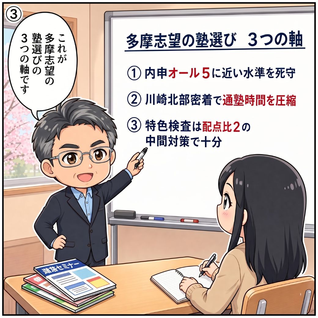 多摩高校 塾 おすすめの選び方3つの軸。元教室長の藤原 誠一がホワイトボードで「①内申オール5に近い水準を死守 ②川崎北部密着で通塾時間を圧縮 ③特色検査は配点比2の中間対策で十分」を解説する場面(3コマ目)