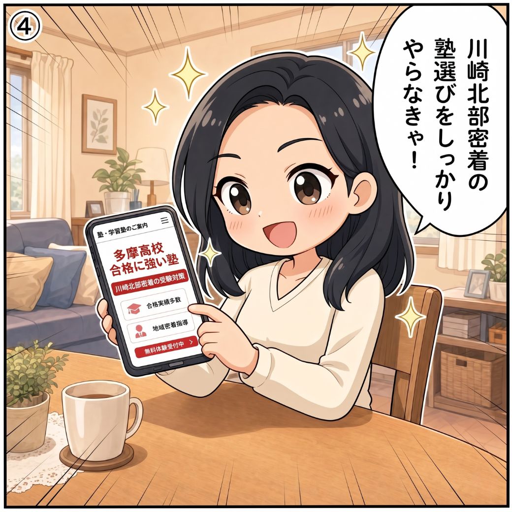 多摩高校 偏差値 対策を始める場面。保護者が「川崎北部密着の塾選びをしっかりやらなきゃ!」と前向きにスマホで「多摩高校 合格に強い塾」記事を読み始める場面(4コマ目)