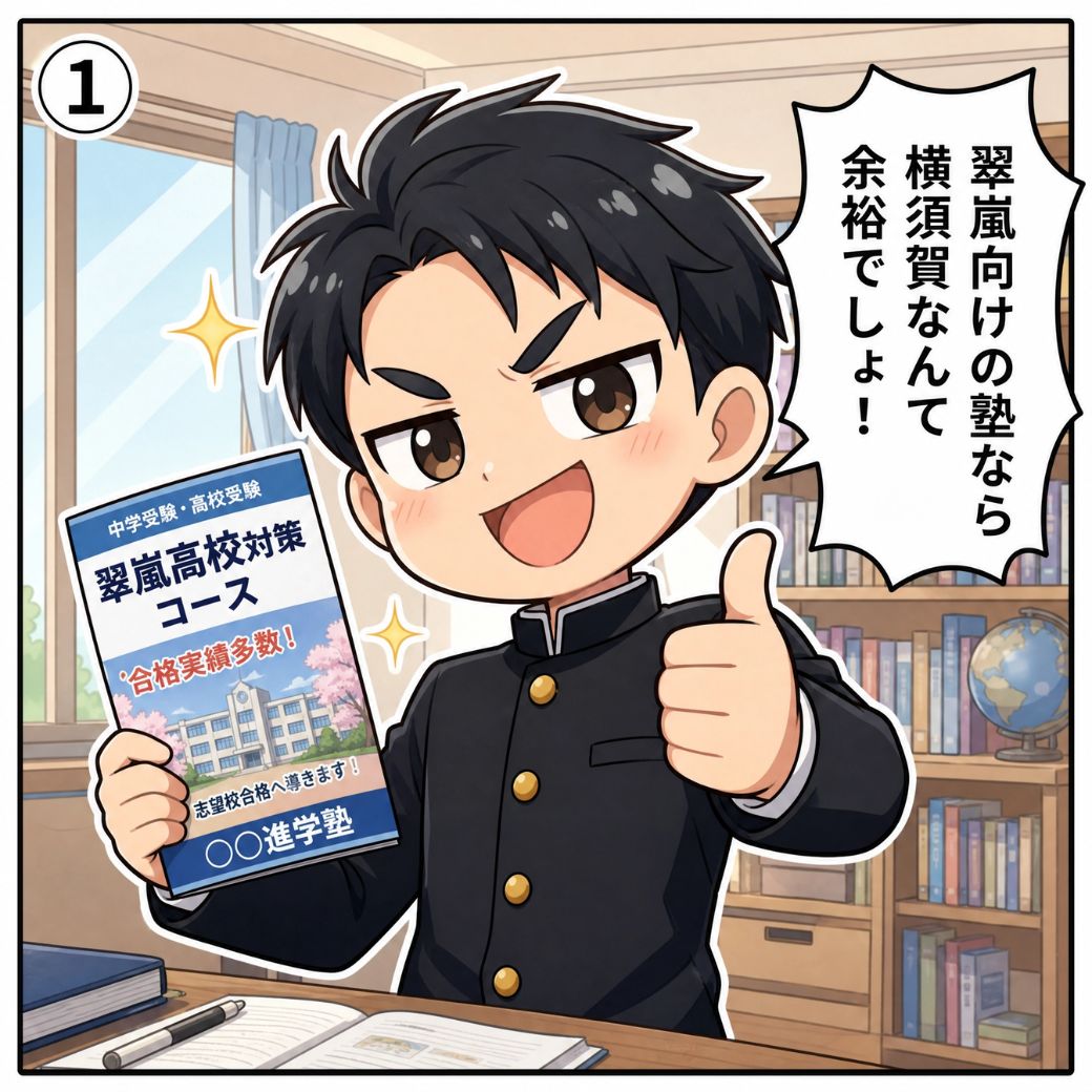 横須賀高校の塾選びでよくある誤解。「翠嵐向けの塾なら横須賀なんて余裕でしょ！」と自宅の勉強部屋でパンフレットを持ち得意げに親指を立てる男子中学生の場面(1コマ目)
