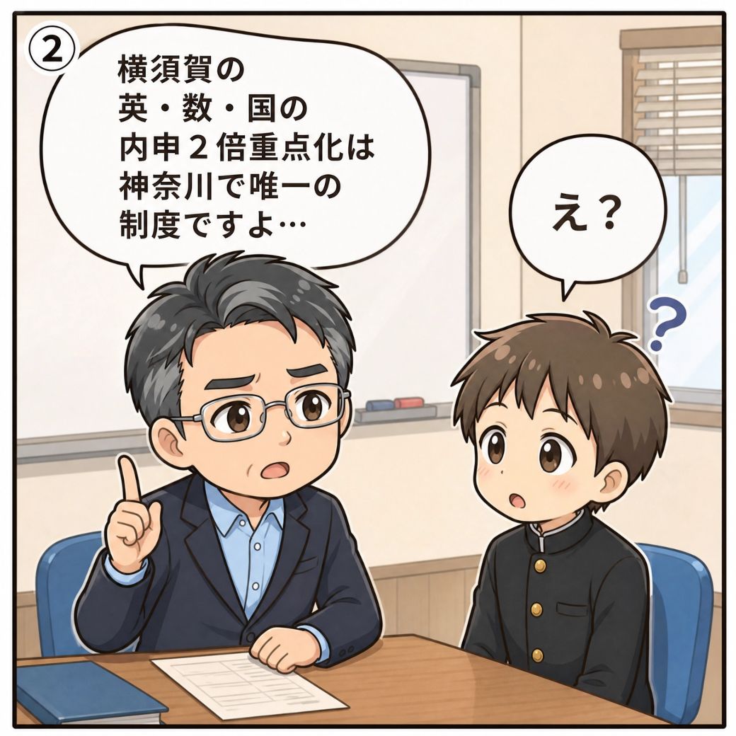 横須賀高校の英・数・国の内申2倍重点化は神奈川公立で唯一の独自制度。藤原先生が困り顔でその独自性を説明し、キョトン顔の生徒に注意を促す相談室のシーン(2コマ目)