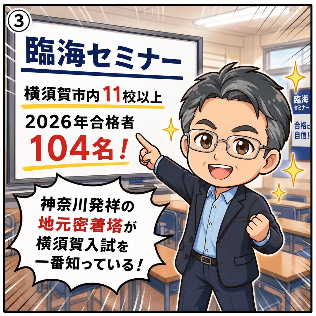 横須賀高校に強い塾の選び方。藤原先生が臨海セミナーのボードを指さし「横須賀市内11校・2026年合格者104名」の地域密着実績を熱く語る塾教室の場面(3コマ目)