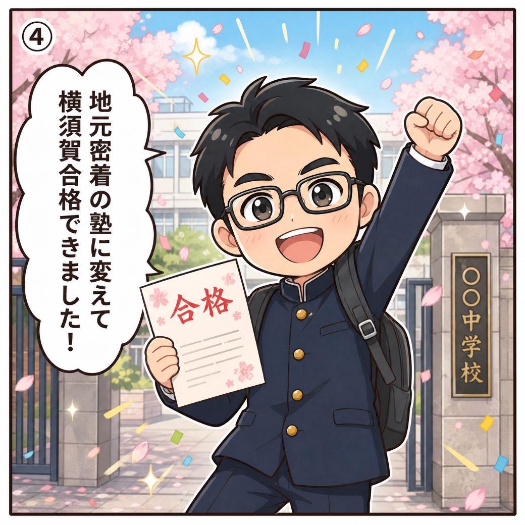 横須賀高校合格への道。「地元密着の塾に変えて横須賀合格できました！」と両手でガッツポーズし満面の笑みを見せる生徒の校門前のシーン(4コマ目)